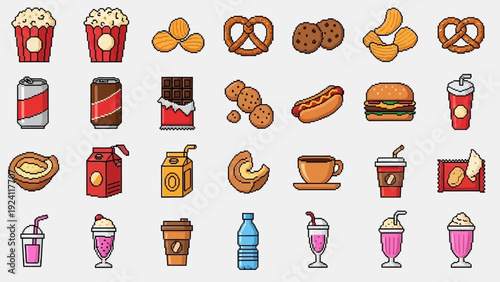 Assorted fast food and drink illustrations displayed on a digital interface, showcasing various snacks and beverages from a top-down viewpoint