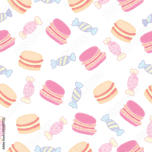 macarons and candies easter pastel seamless pattern. Good for fabric, textile, wrapping, decoration, tiles and more.
