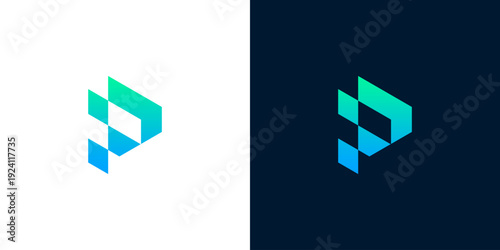 Abstract digital letter P logo design, modern geometric technology icon concept, gradient colors on white and dark backgrounds