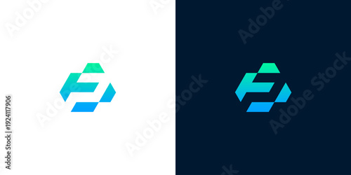 Modern hexagonal logo design with vibrant blue and green gradients on a white and dark background