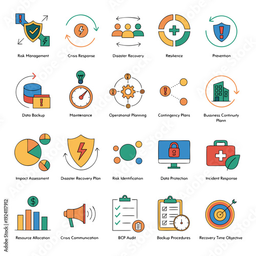 Strategic Business Icons: A collection of meticulously crafted, colorful icons representing key business concepts like risk management, disaster recovery, and data protection.
