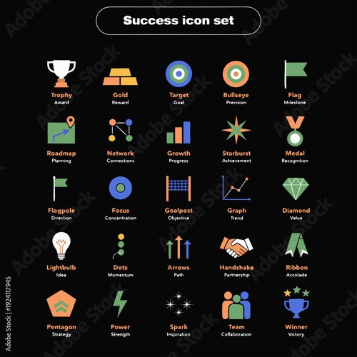 Success Icon Collection: A meticulously crafted assortment of success-themed icons, perfect for illustrating achievement, goals, and triumph in various professional and creative contexts.