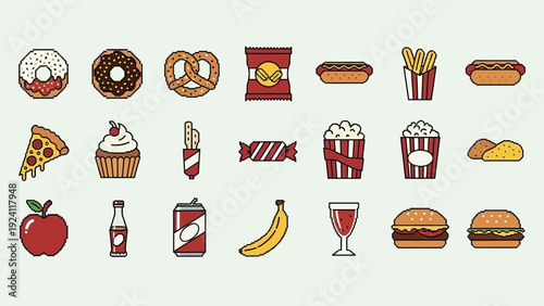 Assorted food and drinks icons displayed on a clean white background viewed from directly above