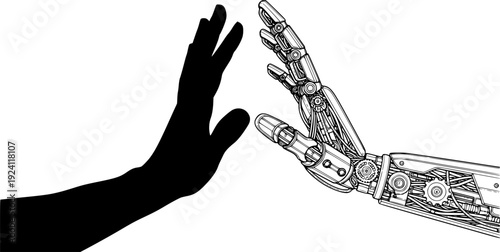 Human and Robot Hand High Five Silhouette, Artificial Intelligence Collaboration and Future Tech CAD Vector