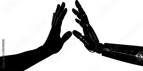 Human and Robot Hand High Five Silhouette, Artificial Intelligence Collaboration and Future Tech CAD Vector