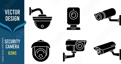 Set of security surveillance camera icons including dome, bullet and wall-mounted CCTV devices in vector style