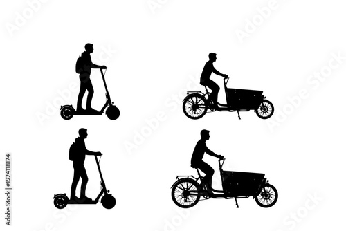 Electric Cargo Bike and E-Scooter Silhouettes, Urban Micro-Mobility and Sustainable City Transport CAD Vector Icons