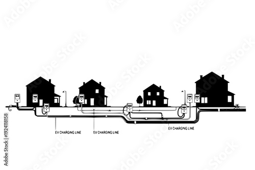 Smart Power Grid Residential Silhouette, Electric Vehicle Infrastructure and Green Energy Management CAD Drawing