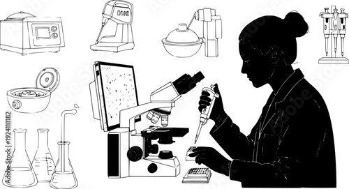 Biotechnology Scientist and Lab Equipment Silhouettes, Medical Research and Pharmaceutical Science CAD Vector