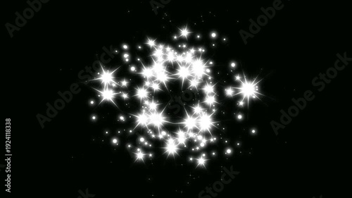 Shining glitter star sparkle animation, white glow fairy dust trail burst, dreamy twinkling shimmer particles overlay, magical light transition on black background cinematic. 4k video