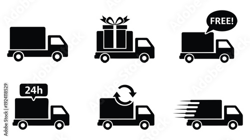 A collection of black truck icons representing delivery and shipping services