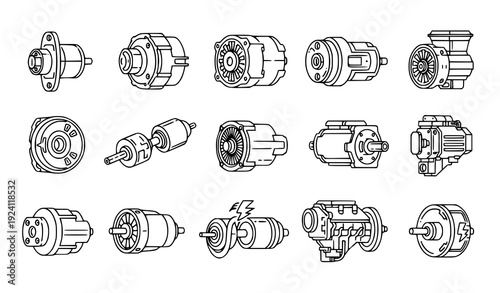 Electric Motor Icon Set – Automotive and Engineering Vector Illustration