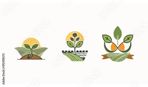 Agronomy and Eco Farming Logo Vector – Plants and Sun Icons