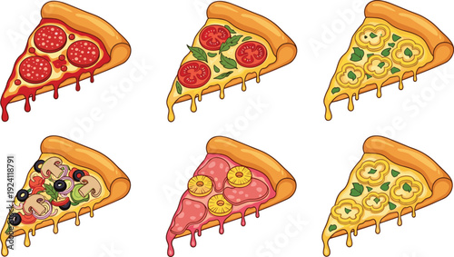 Pizza Slice Collection Vector Illustration Set with Different Toppings Including Pepperoni Mushroom Pineapple and Vegetables Isolated on White Background
