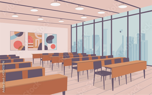 Flat vector illustration of a vacant lecture room with mid century modern furniture, abstract art, and large windows in soft pastel tones.
