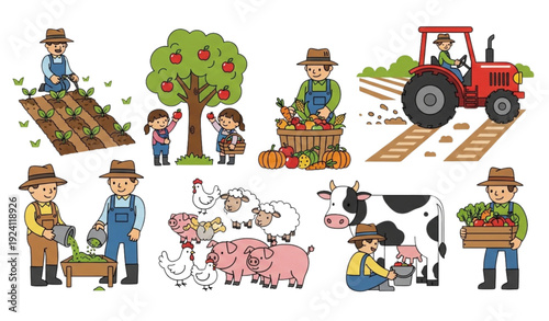 Farm Activities Cartoon Vector – Harvesting, Tractor, Milking, Planting