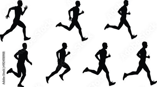 Active male runners silhouette set, diverse athletes sprinting and jogging for marathon and fitness training vector