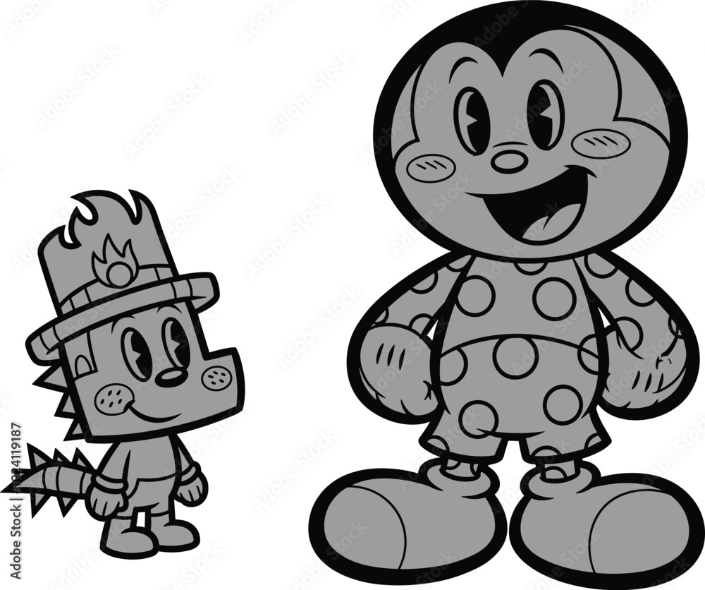 Obraz premium Two cheerful cartoon characters with unique shapes, flame hat, polka‑dot clothing, big shoes, smiling faces, playful design, and imaginative theme
