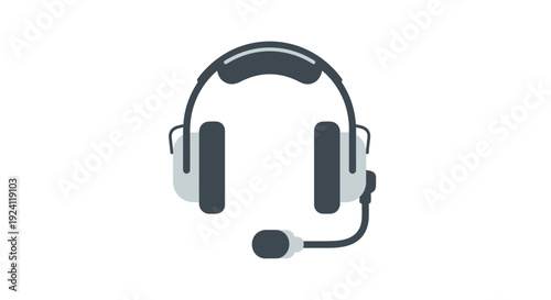 Simple black and white illustration of a headset with microphone.