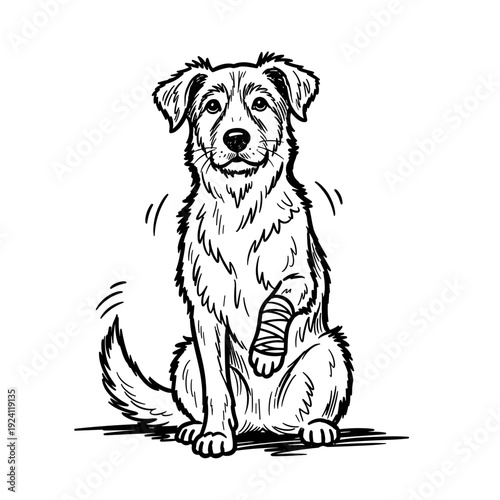 Injured dog sitting with bandaged paw in black and white sketch  