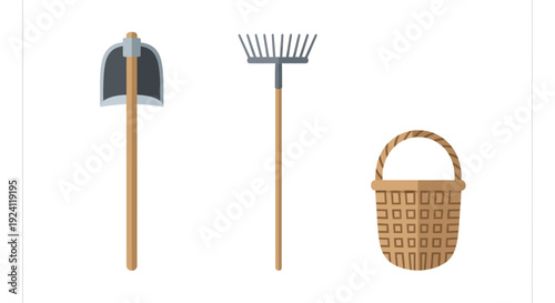 Gardening tools and basket for planting and harvesting.