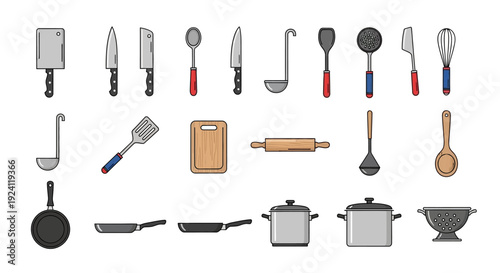 Assorted kitchen utensils and cookware set illustration.