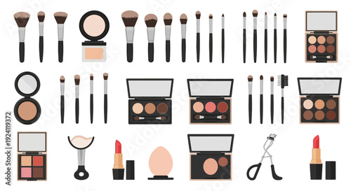 Assorted makeup products and cosmetics arranged neatly.