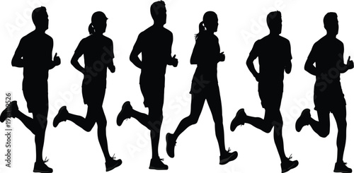 Active people running in motion silhouette set, diverse athletes sprinting and jogging for marathon and fitness training vector.