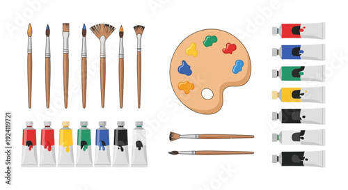 Assorted art supplies including paintbrushes and paints.