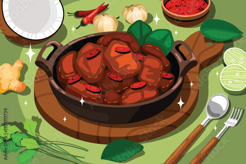 Indonesian Rendang Beef Stew Food Composition Flat Illustration