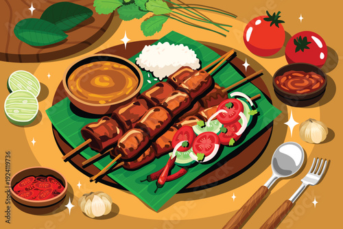 Indonesian Satay Plate with Garnishes Food Composition Flat Illustration