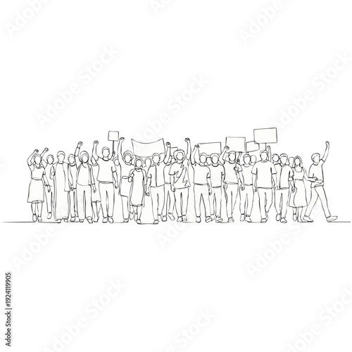 Diverse crowd of people protesting with signs and raised fists in unity