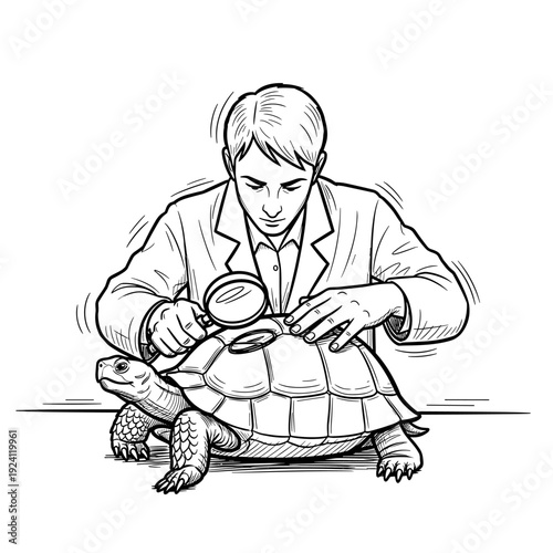 Scientist examining turtle with magnifying glass in laboratory setting  