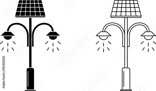 Set of solar-powered street lamp icons in solid black and outline styles representing clean energy lighting vector design
