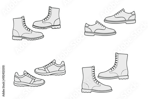 Four pairs of men's footwear in line art illustration shoes boots