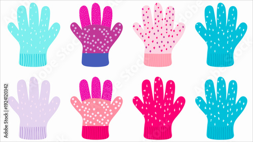 Set of colorful winter gloves for kids, flat vector illustration, cute patterns, knitted texture, isolated on light background, minimal cartoon style