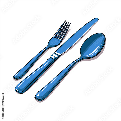Culinary Arts And Dining Illustration Blue Fork Knife And Spoon On White Background For Restaurant Menu Or Recipe Design