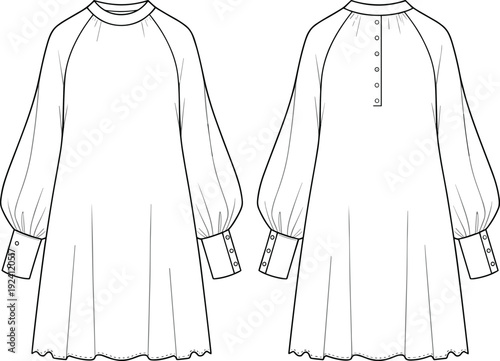 Front and Back Fashion Flat Sketch of a Long Sleeve Dress with Balloon Sleeves and Button Detail Keywords: dress, long sleeve