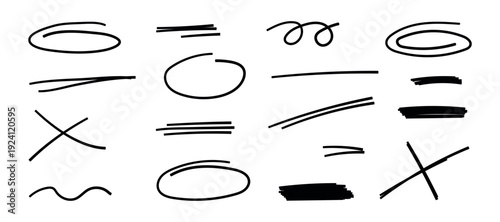 Hand drawn doodle elements. Handwritten motion line sketch set. Underlines in pen brush style. Black color crayon icon set. Isolated vector illustration for journal, poster, collage, scrapbook. 