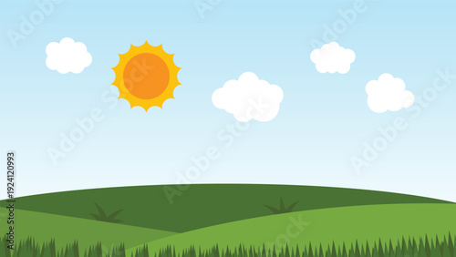 green filed with sun and blue sky. nature landscape cartoon scene background
