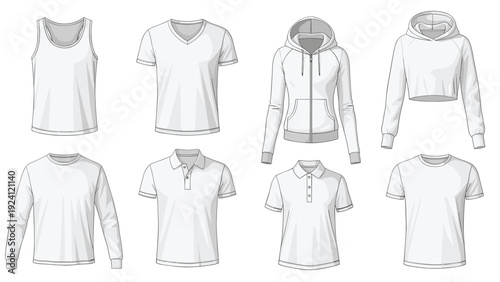 Collection of blank white apparel templates including t-shirts hoodies and polo shirts for clothing mockups and fashion design ideas.