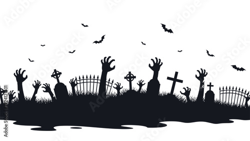 Spooky graveyard silhouette featuring zombie hands rising from the grass with bats flying in a dark night sky for Halloween designs.