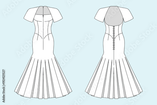 Front and back view fashion illustration of a white mermaid wedding dress with bolero bridal gown sketch