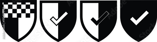 Four black and white shield icons with checkmarks and chessboard pattern