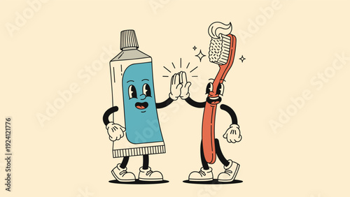 Fun cartoon toothpaste tube and toothbrush characters giving each other a high five in a vintage mascot style.