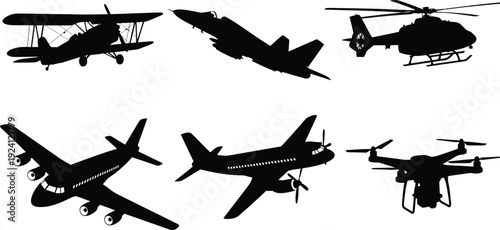 Aviation and air transport silhouette set, black vector icons of drone, helicopter, fighter jet, biplane, and commercial aircraft isolated on white