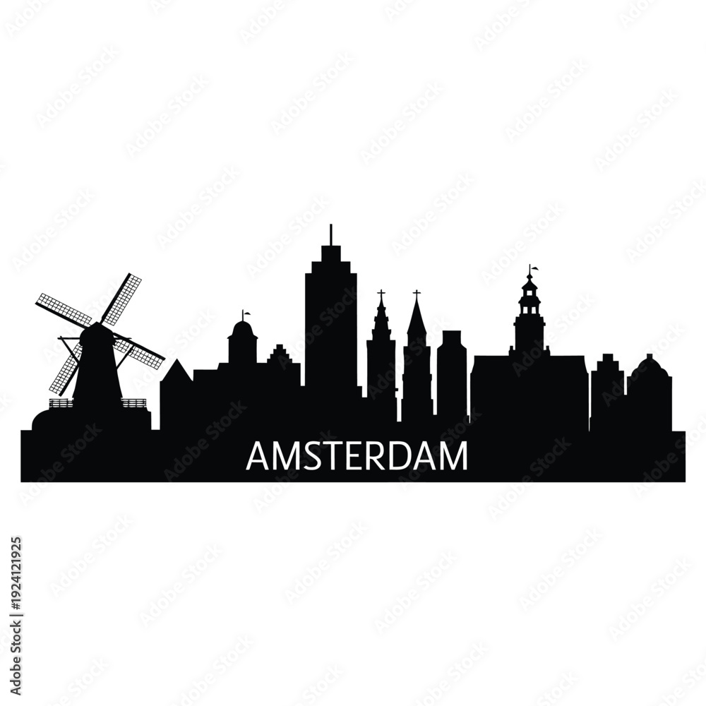Obraz premium Amsterdam skyline silhouette featuring a windmill and prominent city buildings