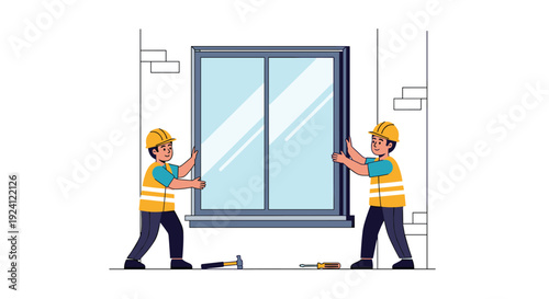 Two male construction workers in hard hats and safety vests are installing a large rectangular window into a brick wall.