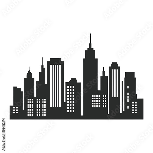 Silhouetted cityscape featuring various skyscrapers against a white background
