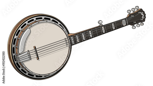 Banjo musical instrument illustration features intricate details of strings, headstock, and resonator on white background.
